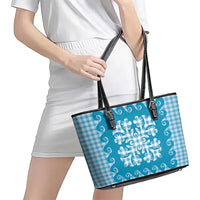 Blue Ulu Palaka Quilt Pattern Leather Tote Bag Hawaii Culture Breadfruit - Polynesian Pride
