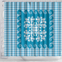 Blue Ulu Palaka Quilt Pattern Shower Curtain Hawaii Culture Breadfruit - Polynesian Pride