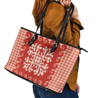 Red Ulu Palaka Quilt Pattern Leather Tote Bag Hawaii Culture Breadfruit - Polynesian Pride