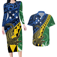 Personalised Crocodile and Shark Solomon Islands Couples Matching Long Sleeve Bodycon Dress and Hawaiian Shirt Polynesian Tribal Tattoo LT9 Green - Polynesian Pride
