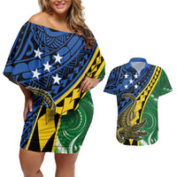 Personalised Crocodile and Shark Solomon Islands Couples Matching Off Shoulder Short Dress and Hawaiian Shirt Polynesian Tribal Tattoo LT9 Green - Polynesian Pride