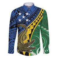 Personalised Crocodile and Shark Solomon Islands Family Matching Mermaid Dress and Hawaiian Shirt Polynesian Tribal Tattoo LT9 Dad's Shirt - Long Sleeve Green - Polynesian Pride