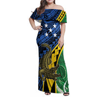Personalised Crocodile and Shark Solomon Islands Family Matching Off Shoulder Maxi Dress and Hawaiian Shirt Polynesian Tribal Tattoo LT9 Mom's Dress Green - Polynesian Pride