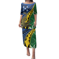 Personalised Crocodile and Shark Solomon Islands Family Matching Puletasi and Hawaiian Shirt Polynesian Tribal Tattoo LT9 Mom's Dress Green - Polynesian Pride