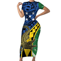 Personalised Crocodile and Shark Solomon Islands Short Sleeve Bodycon Dress Polynesian Tribal Tattoo LT9 Long Dress Green - Polynesian Pride