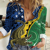 Personalised Crocodile and Shark Solomon Islands Women Casual Shirt Polynesian Tribal Tattoo LT9 Female Green - Polynesian Pride