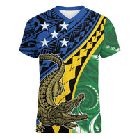 Personalised Crocodile and Shark Solomon Islands Women V-Neck T-Shirt Polynesian Tribal Tattoo LT9 Female Green - Polynesian Pride