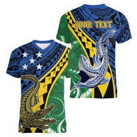 Personalised Crocodile and Shark Solomon Islands Women V-Neck T-Shirt Polynesian Tribal Tattoo LT9 - Polynesian Pride