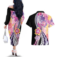 Aloha Vintage Hibiscus Lei Seamless Pattern Couples Matching Off The Shoulder Long Sleeve Dress and Hawaiian Shirt LT9 - Polynesian Pride