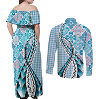 Aloha Vintage Palaka Floral Hawaiian Quilt Couples Matching Off Shoulder Maxi Dress and Long Sleeve Button Shirt Uliuli Motif LT9 - Polynesian Pride