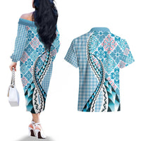 Aloha Vintage Palaka Floral Hawaiian Quilt Couples Matching Off The Shoulder Long Sleeve Dress and Hawaiian Shirt Uliuli Motif LT9 - Polynesian Pride