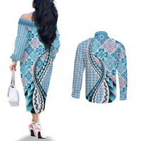 Aloha Vintage Palaka Floral Hawaiian Quilt Couples Matching Off The Shoulder Long Sleeve Dress and Long Sleeve Button Shirt Uliuli Motif LT9 - Polynesian Pride