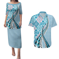 Aloha Vintage Palaka Floral Hawaiian Quilt Couples Matching Puletasi and Hawaiian Shirt Uliuli Motif LT9 Blue - Polynesian Pride