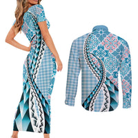 Aloha Vintage Palaka Floral Hawaiian Quilt Couples Matching Short Sleeve Bodycon Dress and Long Sleeve Button Shirt Uliuli Motif LT9 - Polynesian Pride
