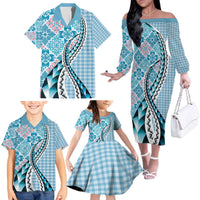 Aloha Vintage Palaka Floral Hawaiian Quilt Family Matching Off The Shoulder Long Sleeve Dress and Hawaiian Shirt Uliuli Motif LT9 - Polynesian Pride