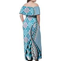 Aloha Vintage Palaka Floral Hawaiian Quilt Family Matching Off Shoulder Maxi Dress and Hawaiian Shirt Uliuli Motif LT9 - Polynesian Pride