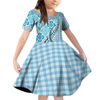 Aloha Vintage Palaka Floral Hawaiian Quilt Family Matching Off Shoulder Short Dress and Hawaiian Shirt Uliuli Motif LT9 Daughter's Dress Blue - Polynesian Pride