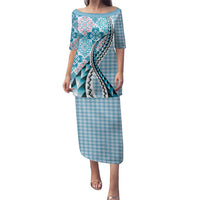 Aloha Vintage Palaka Floral Hawaiian Quilt Family Matching Puletasi and Hawaiian Shirt Uliuli Motif LT9 Mom's Dress Blue - Polynesian Pride