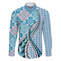 Aloha Vintage Palaka Floral Hawaiian Quilt Family Matching Tank Maxi Dress and Hawaiian Shirt Uliuli Motif LT9 Dad's Shirt - Long Sleeve Blue - Polynesian Pride