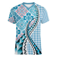 Aloha Vintage Palaka Floral Hawaiian Quilt Women V-Neck T-Shirt Uliuli Motif LT9 Female Blue - Polynesian Pride