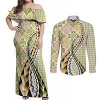 Aloha Vintage Palaka Floral Hawaiian Quilt Couples Matching Off Shoulder Maxi Dress and Long Sleeve Button Shirt Omaomao Motif LT9 Lime - Polynesian Pride