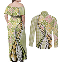 Aloha Vintage Palaka Floral Hawaiian Quilt Couples Matching Off Shoulder Maxi Dress and Long Sleeve Button Shirt Omaomao Motif LT9 - Polynesian Pride
