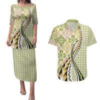 Aloha Vintage Palaka Floral Hawaiian Quilt Couples Matching Puletasi and Hawaiian Shirt Omaomao Motif LT9 Lime - Polynesian Pride