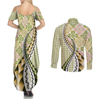 Aloha Vintage Palaka Floral Hawaiian Quilt Couples Matching Summer Maxi Dress and Long Sleeve Button Shirt Omaomao Motif LT9 - Polynesian Pride