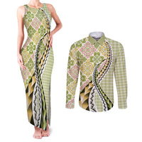 Aloha Vintage Palaka Floral Hawaiian Quilt Couples Matching Tank Maxi Dress and Long Sleeve Button Shirt Omaomao Motif LT9 Lime - Polynesian Pride