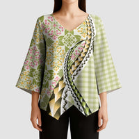 Aloha Vintage Palaka Floral Hawaiian Quilt Kimono Sleeve Blouse Omaomao Motif LT9 - Polynesian Pride
