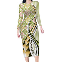 Aloha Vintage Palaka Floral Hawaiian Quilt Long Sleeve Bodycon Dress Omaomao Motif LT9 Long Dress Lime - Polynesian Pride
