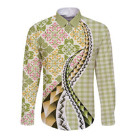 Aloha Vintage Palaka Floral Hawaiian Quilt Long Sleeve Button Shirt Omaomao Motif LT9 Unisex Lime - Polynesian Pride
