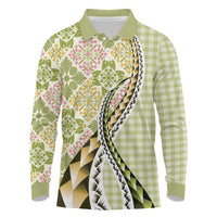 Aloha Vintage Palaka Floral Hawaiian Quilt Long Sleeve Polo Shirt Omaomao Motif LT9 Lime - Polynesian Pride