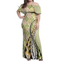 Aloha Vintage Palaka Floral Hawaiian Quilt Off Shoulder Maxi Dress Omaomao Motif LT9 Women Lime - Polynesian Pride