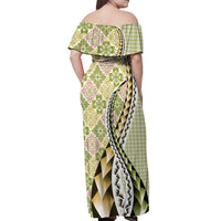 Aloha Vintage Palaka Floral Hawaiian Quilt Off Shoulder Maxi Dress Omaomao Motif LT9 - Polynesian Pride
