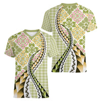 Aloha Vintage Palaka Floral Hawaiian Quilt Women V-Neck T-Shirt Omaomao Motif LT9 - Polynesian Pride
