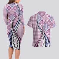 Aloha Vintage Palaka Floral Hawaiian Quilt Couples Matching Long Sleeve Bodycon Dress and Hawaiian Shirt Akala Motif LT9 - Polynesian Pride