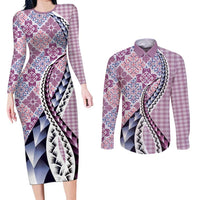 Aloha Vintage Palaka Floral Hawaiian Quilt Couples Matching Long Sleeve Bodycon Dress and Long Sleeve Button Shirt Akala Motif LT9 Pink - Polynesian Pride