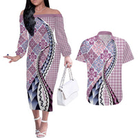 Aloha Vintage Palaka Floral Hawaiian Quilt Couples Matching Off The Shoulder Long Sleeve Dress and Hawaiian Shirt Akala Motif LT9 Pink - Polynesian Pride