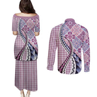 Aloha Vintage Palaka Floral Hawaiian Quilt Couples Matching Puletasi and Long Sleeve Button Shirt Akala Motif LT9 - Polynesian Pride