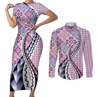 Aloha Vintage Palaka Floral Hawaiian Quilt Couples Matching Short Sleeve Bodycon Dress and Long Sleeve Button Shirt Akala Motif LT9 Pink - Polynesian Pride