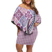 Aloha Vintage Palaka Floral Hawaiian Quilt Family Matching Off Shoulder Short Dress and Hawaiian Shirt Akala Motif LT9 Mom's Dress Pink - Polynesian Pride