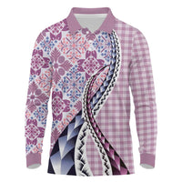 Aloha Vintage Palaka Floral Hawaiian Quilt Long Sleeve Polo Shirt Akala Motif LT9 Pink - Polynesian Pride
