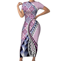 Aloha Vintage Palaka Floral Hawaiian Quilt Short Sleeve Bodycon Dress Akala Motif LT9 Long Dress Pink - Polynesian Pride