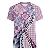 Aloha Vintage Palaka Floral Hawaiian Quilt Women V-Neck T-Shirt Akala Motif LT9 Female Pink - Polynesian Pride