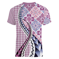 Aloha Vintage Palaka Floral Hawaiian Quilt Women V-Neck T-Shirt Akala Motif LT9 - Polynesian Pride