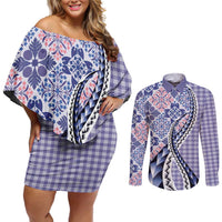 Aloha Vintage Palaka Floral Hawaiian Quilt Couples Matching Off Shoulder Short Dress and Long Sleeve Button Shirt Poni Motif LT9 Purple - Polynesian Pride