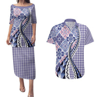 Aloha Vintage Palaka Floral Hawaiian Quilt Couples Matching Puletasi and Hawaiian Shirt Poni Motif LT9 Purple - Polynesian Pride