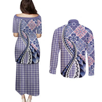 Aloha Vintage Palaka Floral Hawaiian Quilt Couples Matching Puletasi and Long Sleeve Button Shirt Poni Motif LT9 - Polynesian Pride