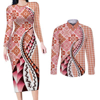 Aloha Vintage Palaka Floral Hawaiian Quilt Couples Matching Long Sleeve Bodycon Dress and Long Sleeve Button Shirt Ulaula Motif LT9 Red - Polynesian Pride